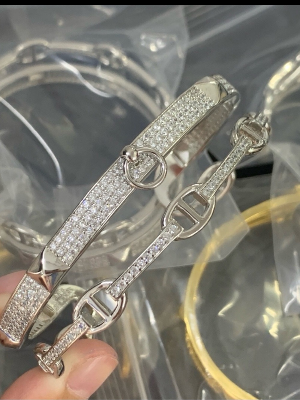 Silver Crystal Pavé Link H Bangle Bracelet - Women Jewelry